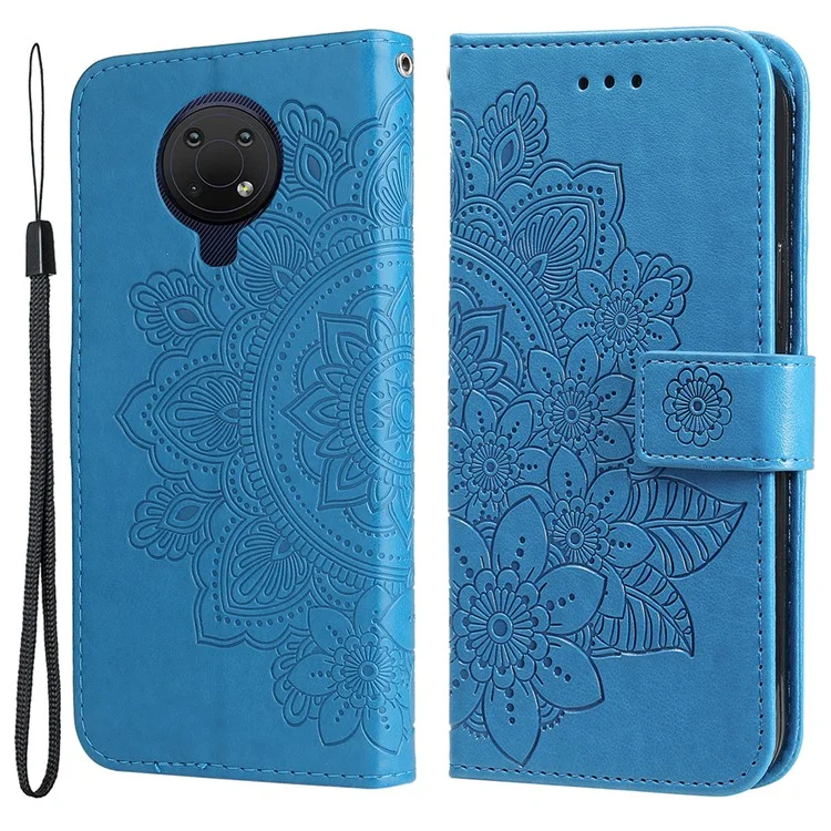 Impresión Resistente a Los Rasguños Patrón de Flores PU Cubierta de Cuero PU Case de Teléfono Con Correa Para la Muñeca Para Nokia G10 / Nokia G20 / Nokia 6.3 - Azul