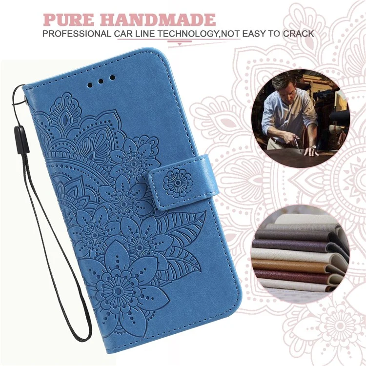 Scratch Resistant Imprint Flower Pattern PU Leather Cover Wallet Phone Case with Wrist Strap for Nokia G10 / Nokia G20 / Nokia 6.3 - Blue