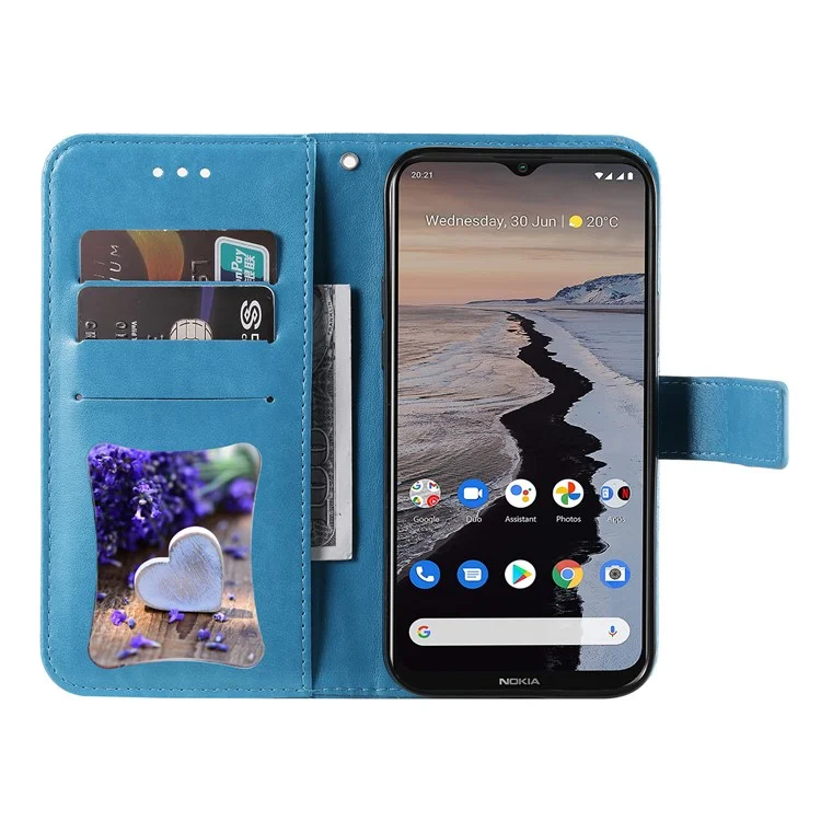 Scratch Resistant Imprint Flower Pattern PU Leather Cover Wallet Phone Case with Wrist Strap for Nokia G10 / Nokia G20 / Nokia 6.3 - Blue