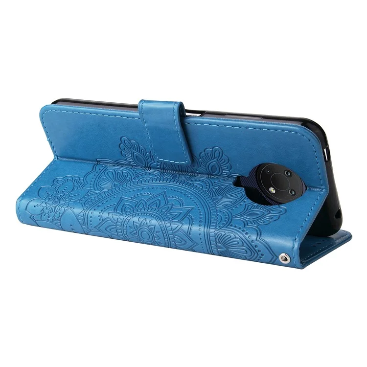 Impresión Resistente a Los Rasguños Patrón de Flores PU Cubierta de Cuero PU Case de Teléfono Con Correa Para la Muñeca Para Nokia G10 / Nokia G20 / Nokia 6.3 - Azul
