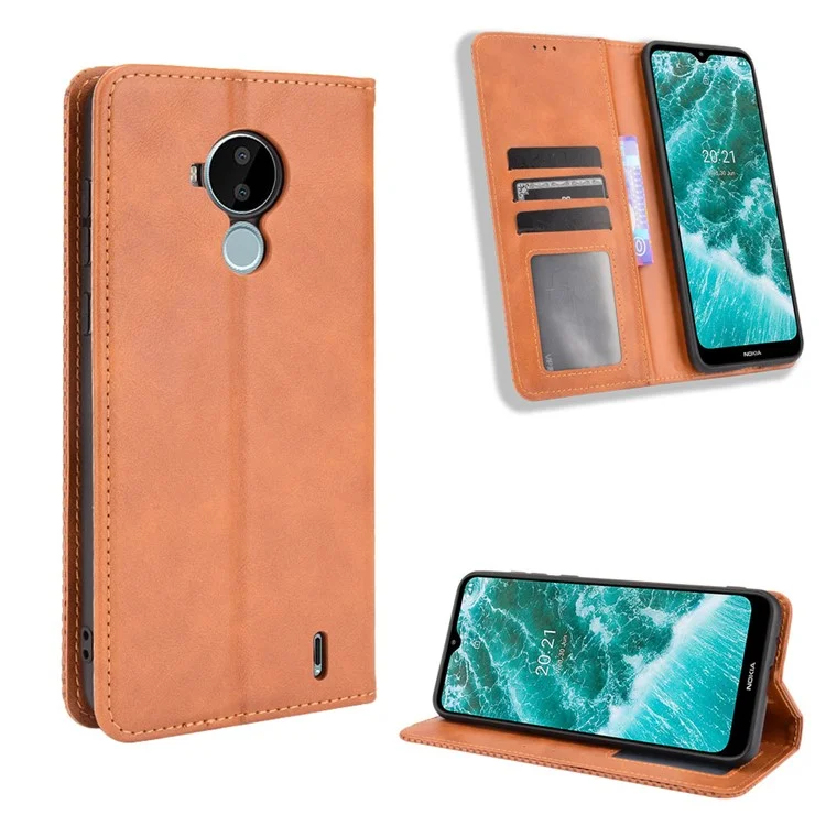 Pour Nokia C30 Retro Textured Surface Phone Leather Case Shockproof Leather Phone Wallet Stand Cover - Marron