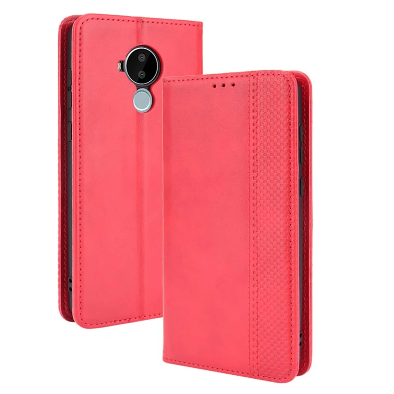 For Nokia C30 Retro Textured Surface Phone Leather Case Shockproof Leather Phone Wallet Stand Cover - Red
