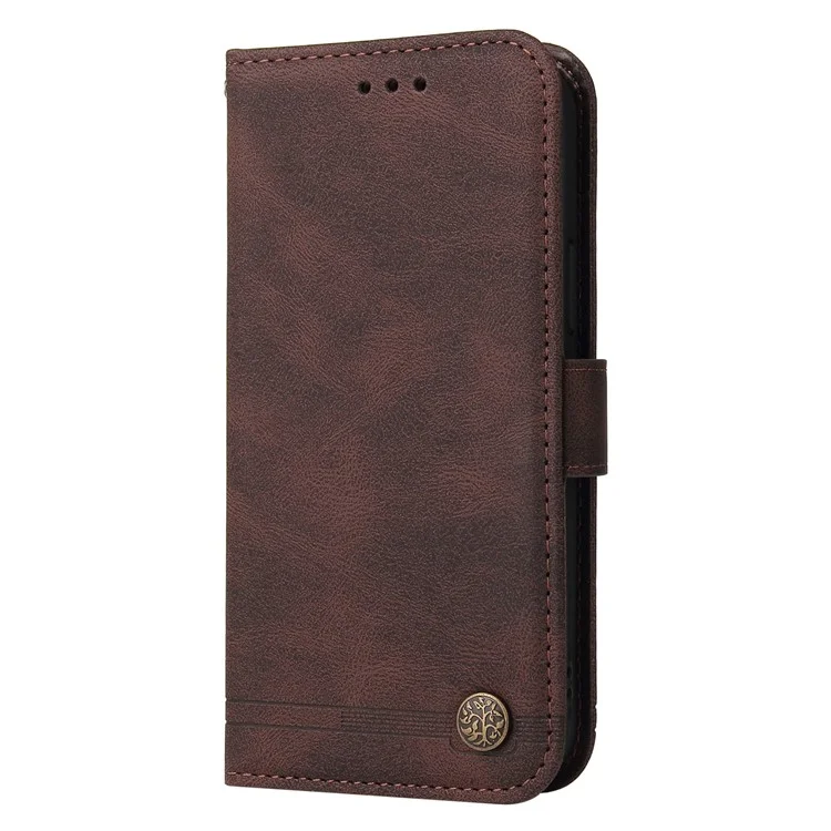 Anti-drop shockproof PU Leather Wallet Stand Cover Phone Case with Tree Pattern Metal Button Decor for Nokia XR20 - Brown