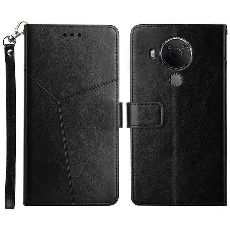 Scratch Resistant PU Leather Phone Case Stylish Y-shaped Line Imprinting Wallet Shell Stand Cover for Nokia 5.4 - Black