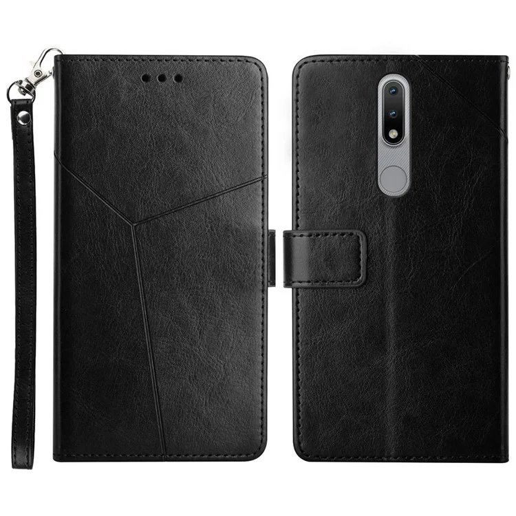 For Nokia 2.4 PU Leather Phone Case Y-shaped Line Imprinting Wallet Shell Stand Cover - Black