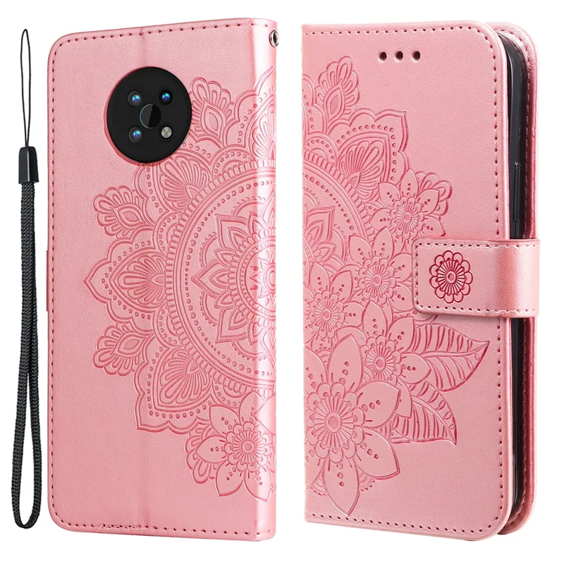 Dual-sided Clasp Phone Cover Imprint Flower Pattern Stylish Anti-fall PU Leather Stand Wallet Shell Case with Lanyard for Nokia G50 5G - Rose Gold