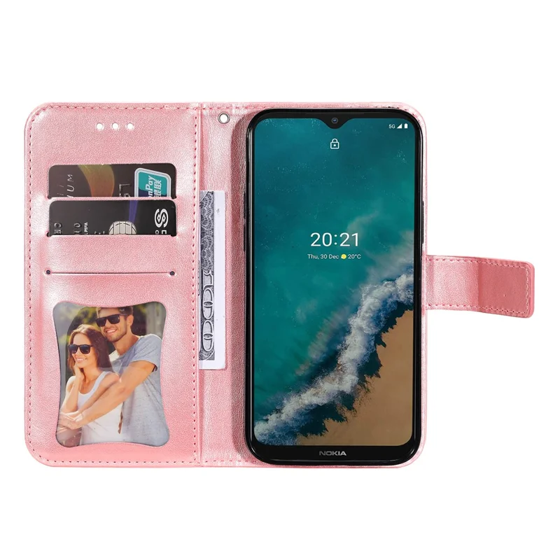 Dual-sided Clasp Phone Cover Imprint Flower Pattern Stylish Anti-fall PU Leather Stand Wallet Shell Case with Lanyard for Nokia G50 5G - Rose Gold