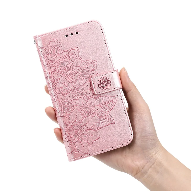 Dual-sided Clasp Phone Cover Imprint Flower Pattern Stylish Anti-fall PU Leather Stand Wallet Shell Case with Lanyard for Nokia G50 5G - Rose Gold