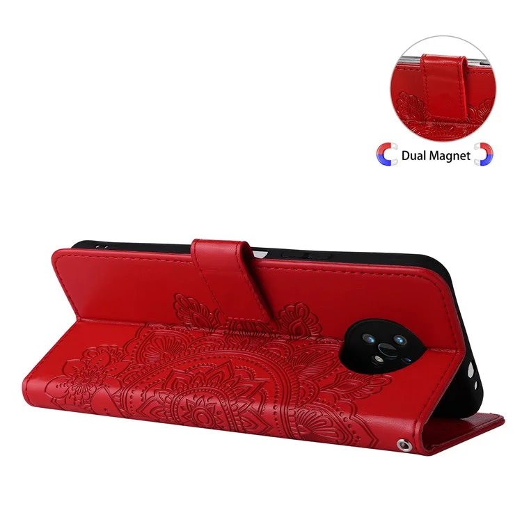 Cubierto de Doble Lado Tapa Impresión Patrón de Flores Con Estilo de Cuero Anti-caza PU Caja de Carcasa de la Billetera Con Cordón Para Nokia G50 5G - Rojo