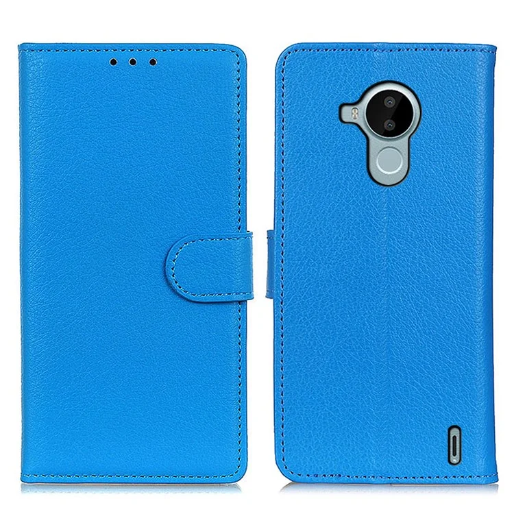 Litchi Texture PU Leather Classic Style Full Body Protection Phone Case Stand Wallet Cover for Nokia C30 - Blue