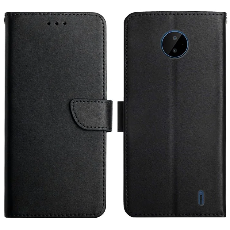 For Nokia C20/C10 Genuine Leather and TPU Phone Cover Nappa Texture Magnetic Closure Stand Wallet Case Flip Phone Shell - Black