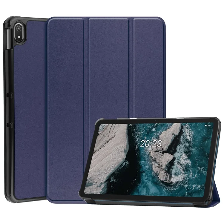 Capa Protetora para Nokia T20 Trifold Stand PU Leather + PC Tablet Cover Shell com Auto Wake / Sleep - Azul Escuro