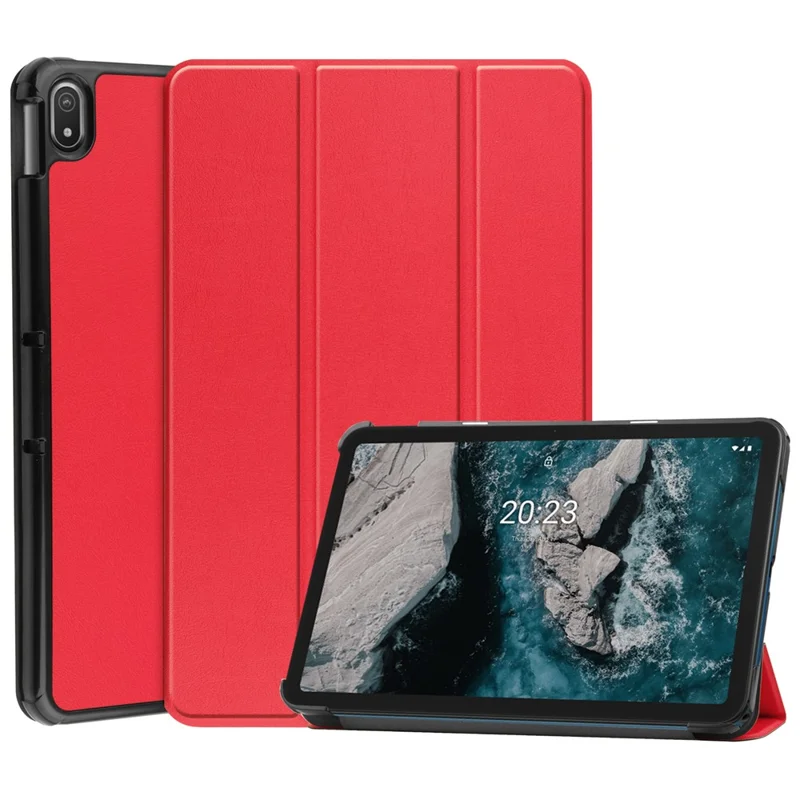 Protective Case for Nokia T20 Trifold Stand PU Leather + PC Tablet Cover Shell with Auto Wake / Sleep - Red