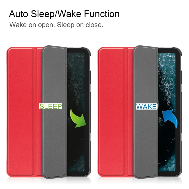 Protective Case for Nokia T20 Trifold Stand PU Leather + PC Tablet Cover Shell with Auto Wake / Sleep - Red