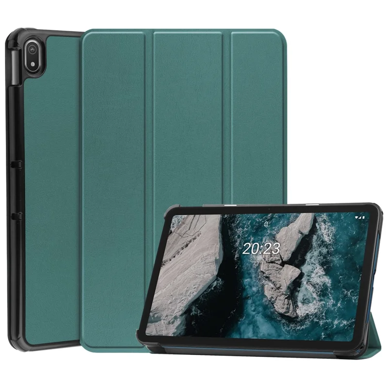 Protective Case for Nokia T20 Trifold Stand PU Leather + PC Tablet Cover Shell with Auto Wake / Sleep - Blackish Green