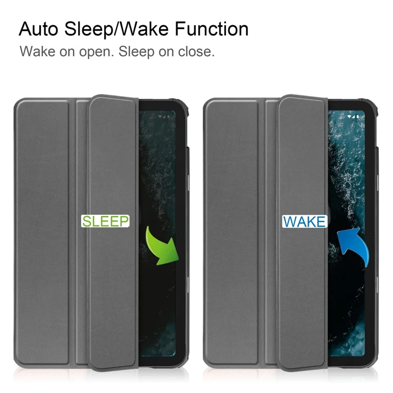 Beskyttende taske til Nokia T20 Trifold ståplade PU-læder + PC-tabletdeksekabinet med automatisk tænd/sluk - Grå