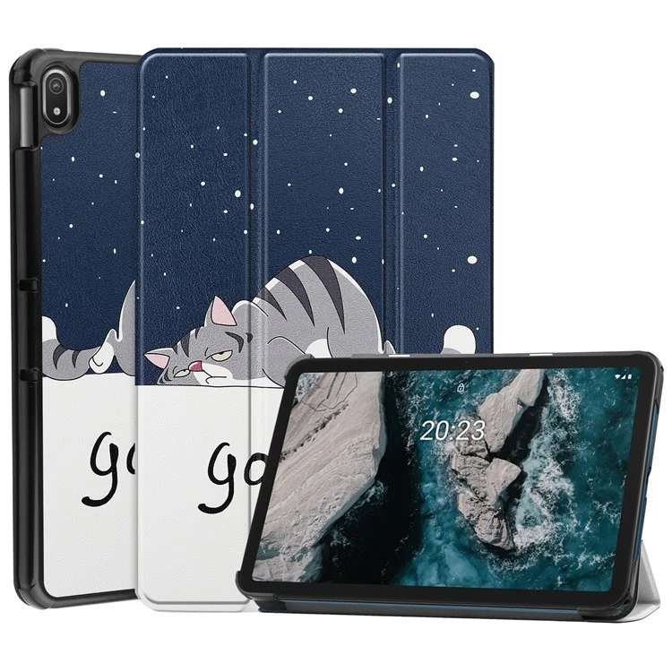 Pattern Printing Shockproof Hard PC + PU Leather Tablet Cover with Tri-fold Stand for Nokia T20 - Good Night Cat