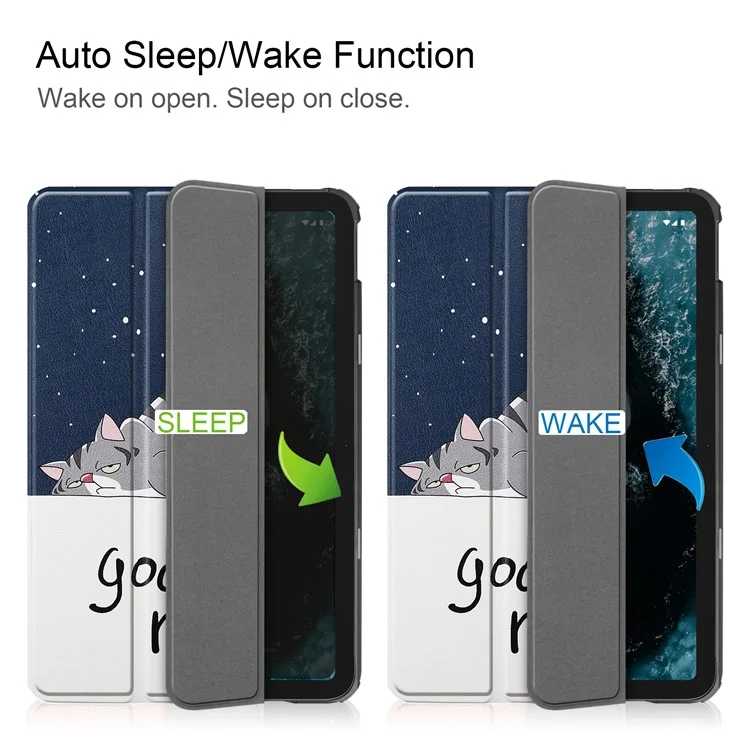 Pattern Printing Shockproof Hard PC + PU Leather Tablet Cover with Tri-fold Stand for Nokia T20 - Good Night Cat