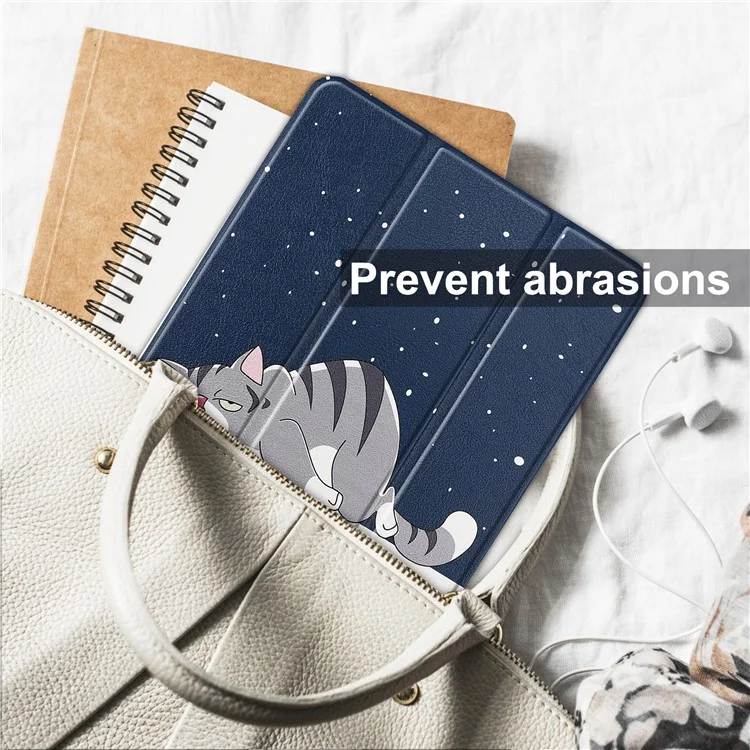 Pattern Printing Shockproof Hard PC + PU Leather Tablet Cover with Tri-fold Stand for Nokia T20 - Good Night Cat