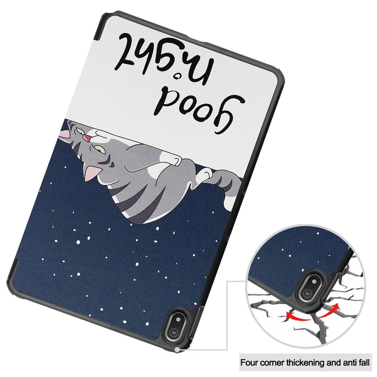 Pattern Printing Shockproof Hard PC + PU Leather Tablet Cover with Tri-fold Stand for Nokia T20 - Good Night Cat