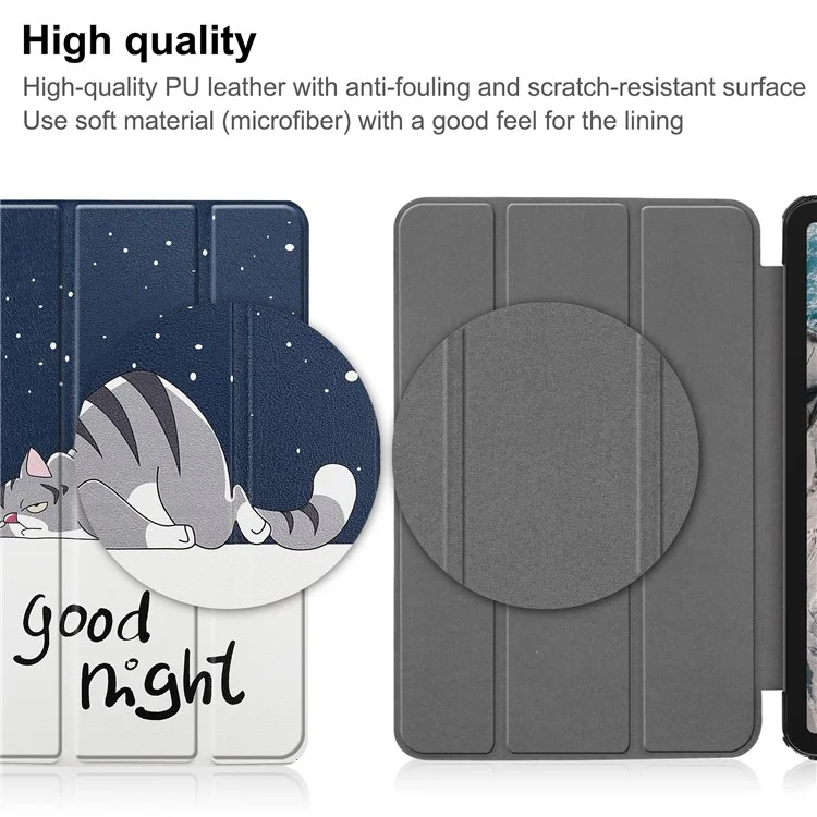 Pattern Printing Shockproof Hard PC + PU Leather Tablet Cover with Tri-fold Stand for Nokia T20 - Good Night Cat
