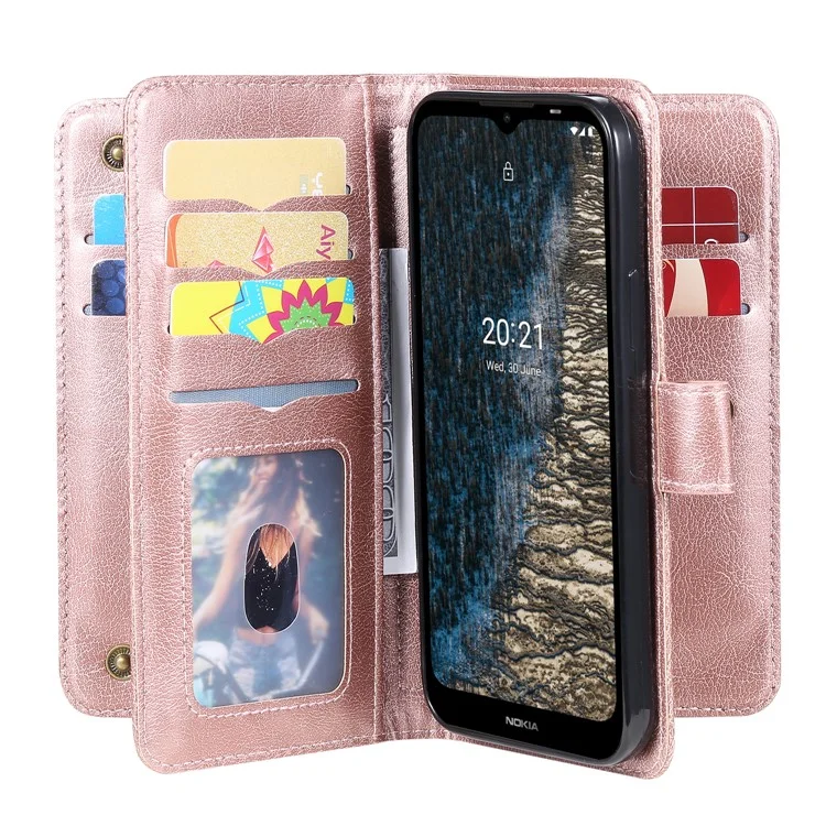 For Nokia C10 / C20 Leather Case with 10 Card Holder Phone Cover Stand - Rose Gold