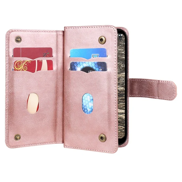 For Nokia C10 / C20 Leather Case with 10 Card Holder Phone Cover Stand - Rose Gold