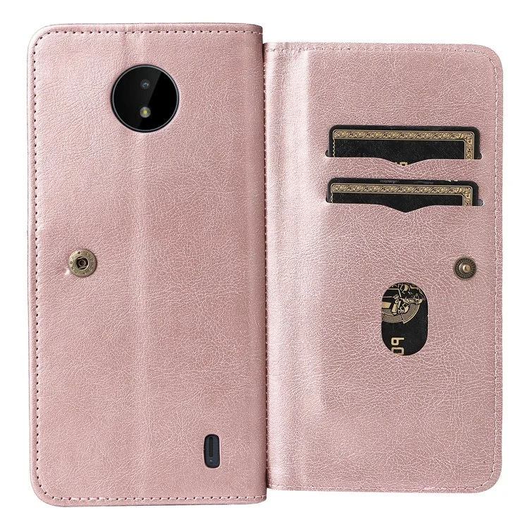 For Nokia C10 / C20 Leather Case with 10 Card Holder Phone Cover Stand - Rose Gold