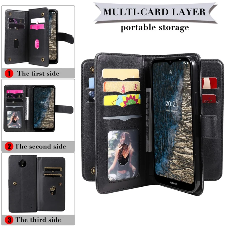 For Nokia C10 / C20 Leather Case with 10 Card Holder Phone Cover Stand - Rose Gold