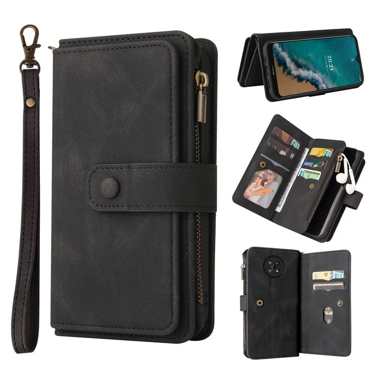 For Nokia G50 Zipper Wallet Case with 15 Card Slots and Strap Leather Phone Cover - Black