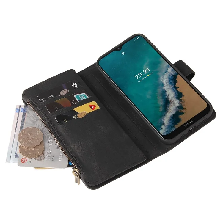 For Nokia G50 Zipper Wallet Case with 15 Card Slots and Strap Leather Phone Cover - Black