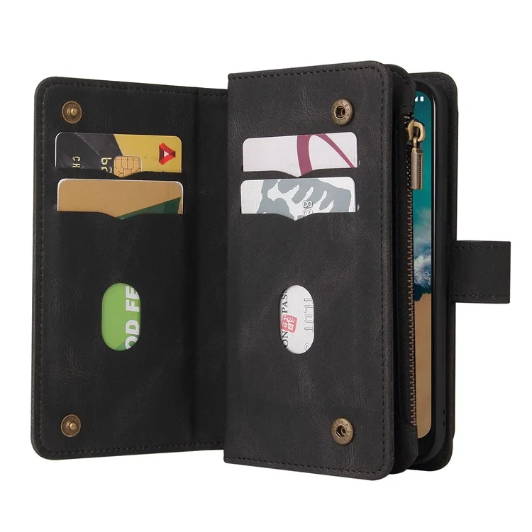 For Nokia G50 Zipper Wallet Case with 15 Card Slots and Strap Leather Phone Cover - Black