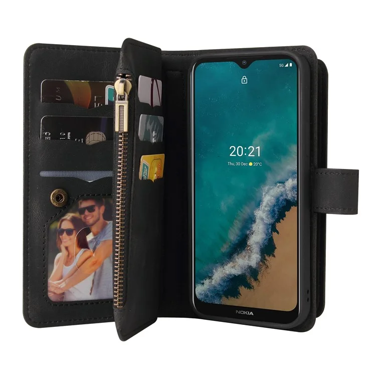 For Nokia G50 Zipper Wallet Case with 15 Card Slots and Strap Leather Phone Cover - Black