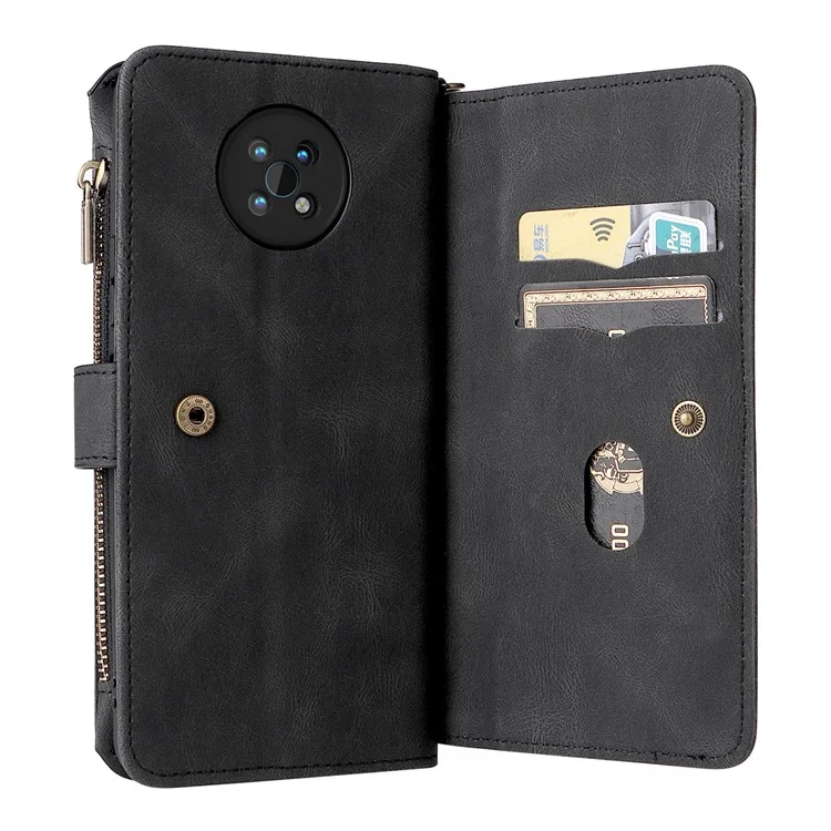 For Nokia G50 Zipper Wallet Case with 15 Card Slots and Strap Leather Phone Cover - Black