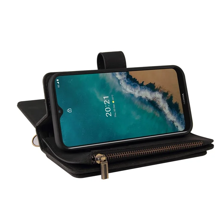 For Nokia G50 Zipper Wallet Case with 15 Card Slots and Strap Leather Phone Cover - Black