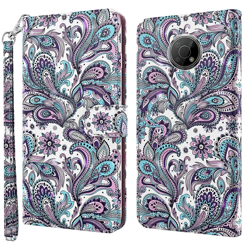 3D Pattern Printing All-round Protection Stand Leather Phone Case Wallet Cover with Strap for Nokia G300 - Purple Impatiens