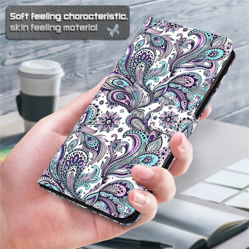 3D Pattern Printing All-round Protection Stand Leather Phone Case Wallet Cover with Strap for Nokia G300 - Purple Impatiens