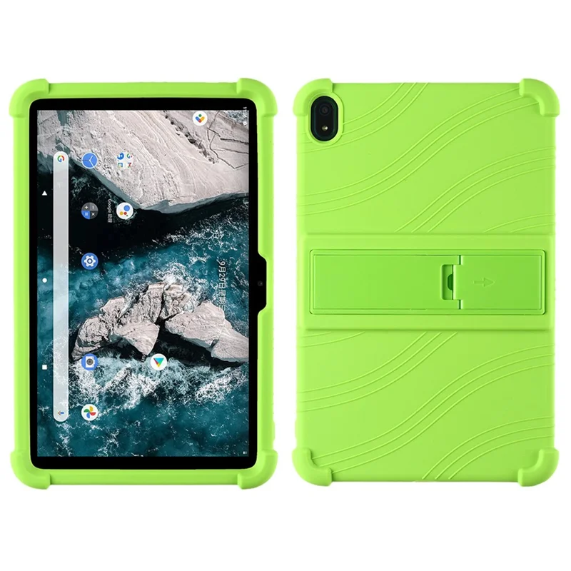 Flexible Silicone Tablet Shell for Nokia T20 Cover with Foldable Supporting Kickstand - Green