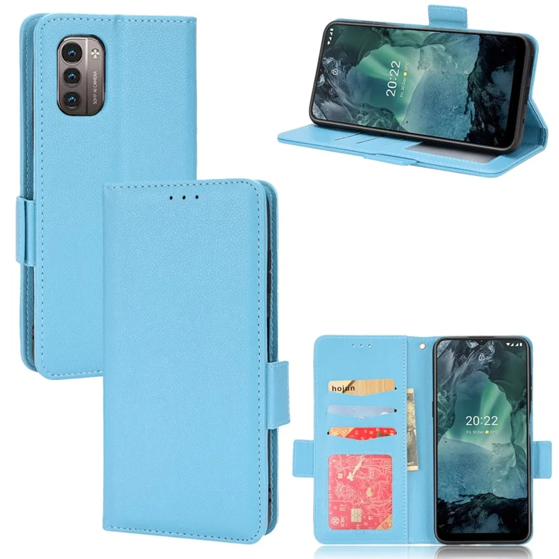 For Nokia G11/G21 Litchi Texture PU Leather All-round Shockproof Smartphone Case Shell Anti-drop Stand Wallet Cover - Baby Blue