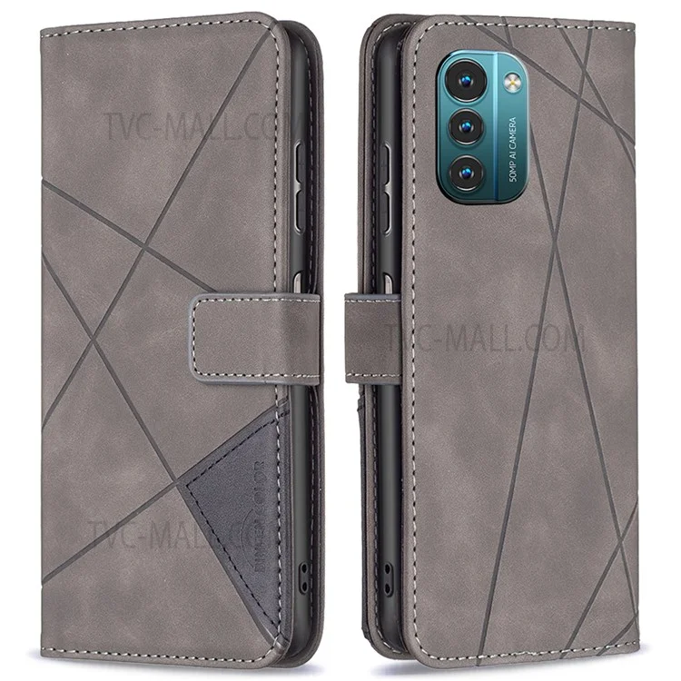 BINFEN COLOR BF05 for Nokia G21/G11 Geometric Imprinted PU Leather + TPU Case Stand Phone Cover with Wallet Function - Grey