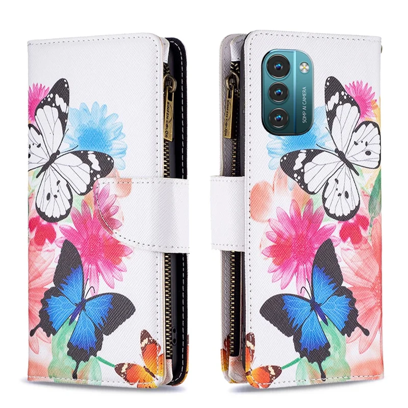 BF03 Magnetic Wallet Case for Nokia G21 / G11, PU Leather Zipper Pocket Stand Flip Pattern Printing Phone Cover with Strap - Two Butterflies