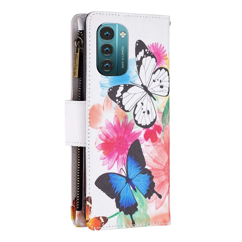 BF03 Magnetic Wallet Case for Nokia G21 / G11, PU Leather Zipper Pocket Stand Flip Pattern Printing Phone Cover with Strap - Two Butterflies