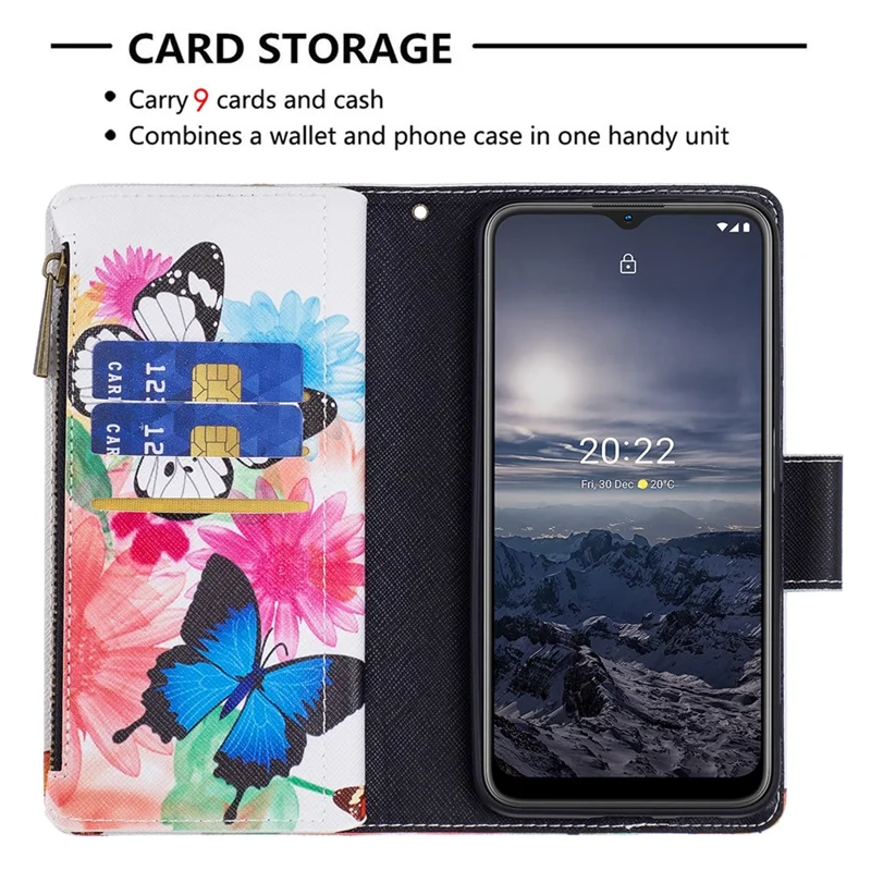 BF03 Magnetic Wallet Case for Nokia G21 / G11, PU Leather Zipper Pocket Stand Flip Pattern Printing Phone Cover with Strap - Two Butterflies