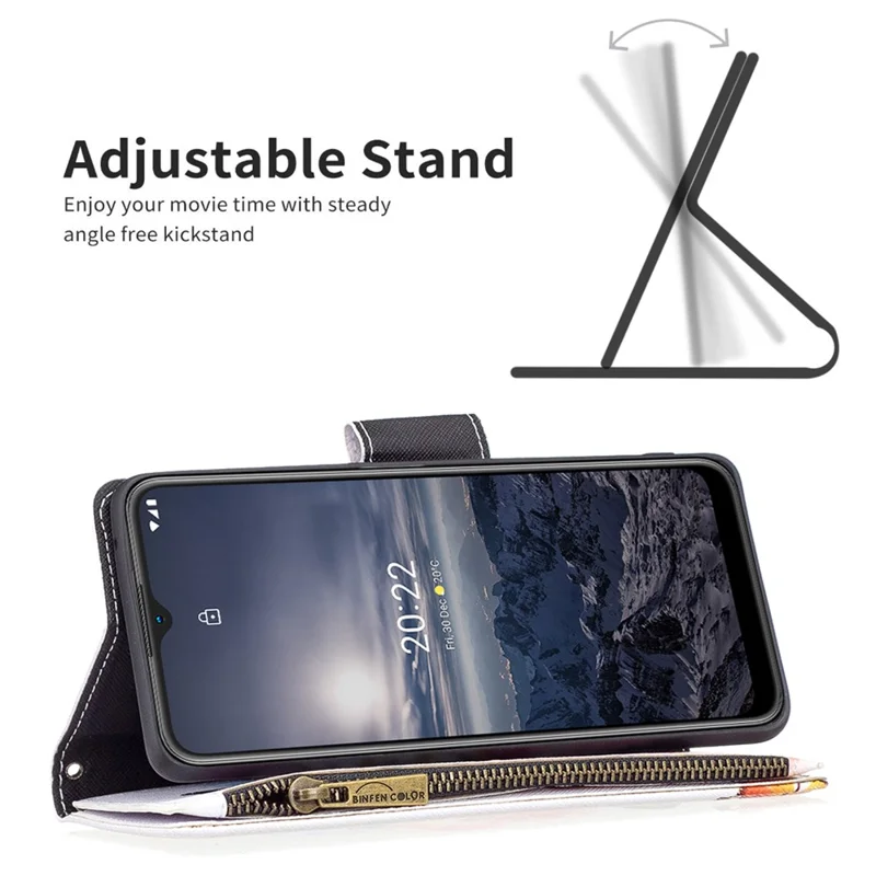 BF03 Magnetic Wallet Case for Nokia G21 / G11, PU Leather Zipper Pocket Stand Flip Pattern Printing Phone Cover with Strap - Two Butterflies