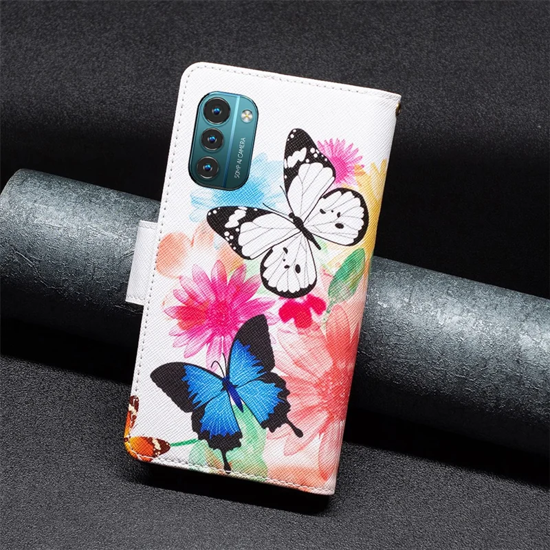BF03 Magnetic Wallet Case for Nokia G21 / G11, PU Leather Zipper Pocket Stand Flip Pattern Printing Phone Cover with Strap - Two Butterflies