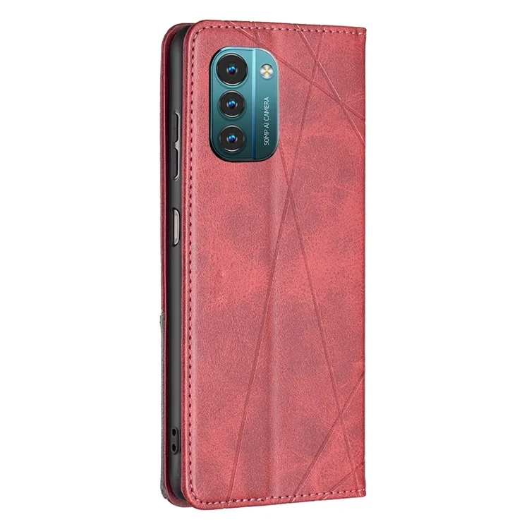 Per Nokia G21 / G11 Anti-graffio Anti-caduta Splicing Rhombus-like Imprinting Custodia in pelle PU con supporto magnetico e slot per schede - Rosso