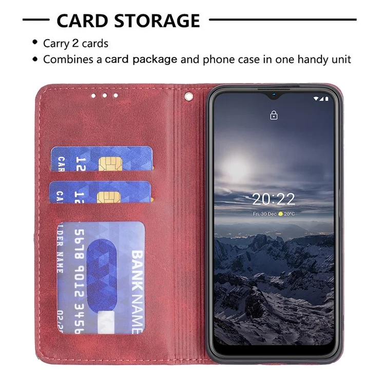 Per Nokia G21 / G11 Anti-graffio Anti-caduta Splicing Rhombus-like Imprinting Custodia in pelle PU con supporto magnetico e slot per schede - Rosso