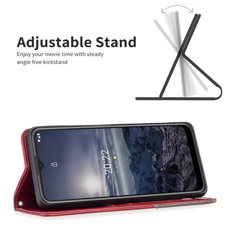 Per Nokia G21 / G11 Anti-graffio Anti-caduta Splicing Rhombus-like Imprinting Custodia in pelle PU con supporto magnetico e slot per schede - Rosso