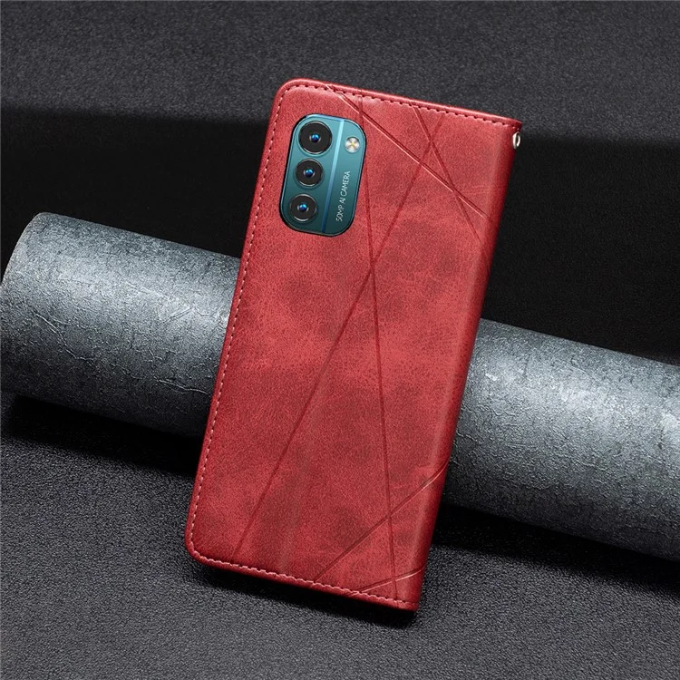 Per Nokia G21 / G11 Anti-graffio Anti-caduta Splicing Rhombus-like Imprinting Custodia in pelle PU con supporto magnetico e slot per schede - Rosso