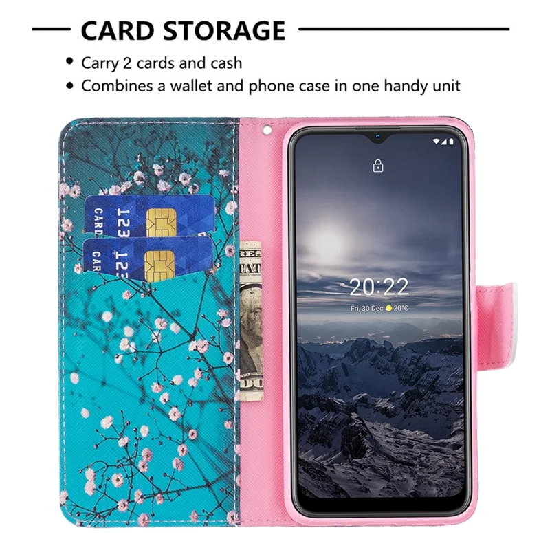 Voor Nokia G21 / G11 telefoonhoesje met patroonprint PU-leer portemonnee standhoes - Prunusbloesem
